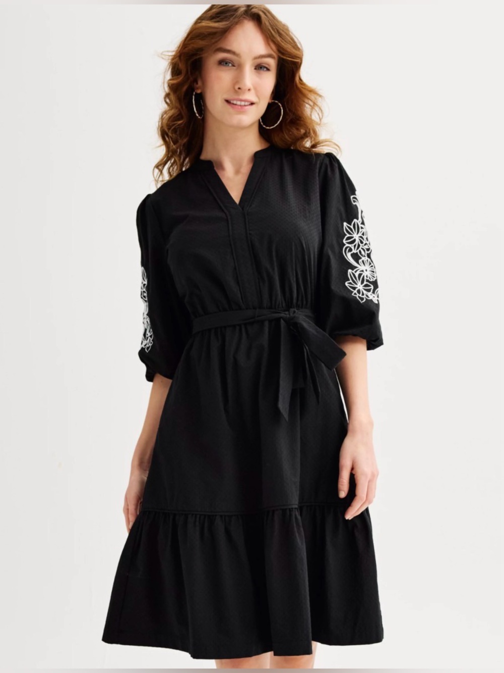 Draper James RSVP 🌺 Embroidered Puff Sleeve Midi Dress Black XS Pockets Lined